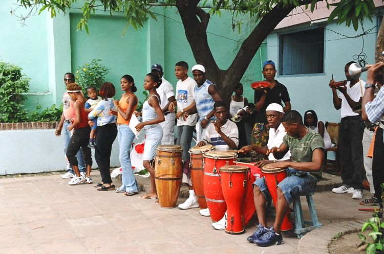 Neighborhood group parcticing Conga for the annual Santiago de Cuba festival, taking place on July