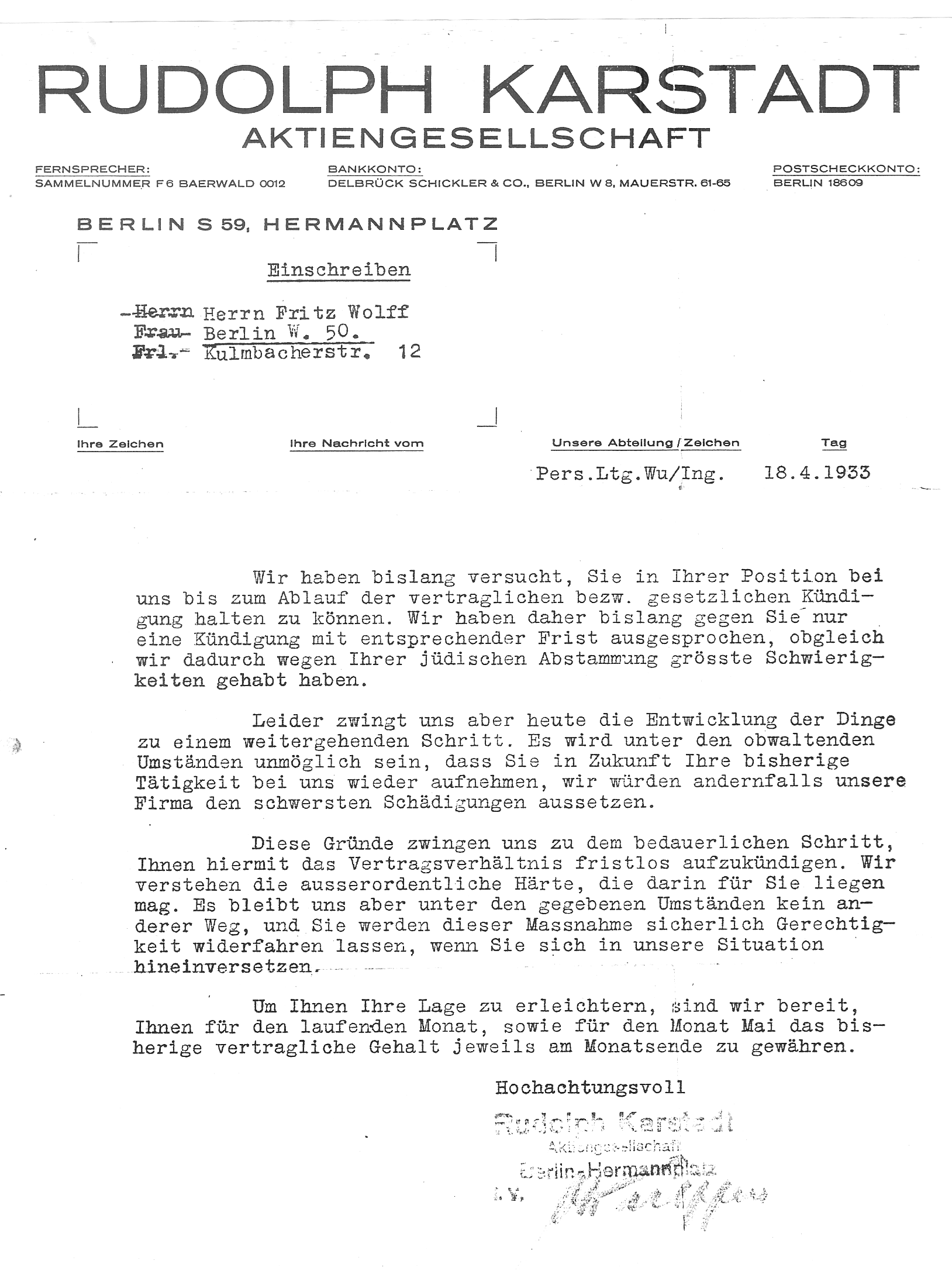 Click to Enlarge - dismissal Letter of Fritz Wolff by Karstadt 1933