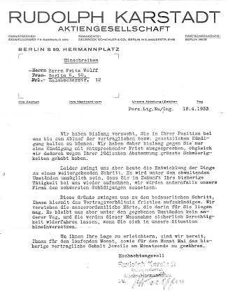 Click to Enlarge - dismissal Letter of Fritz Wolff by Karstadt 1933